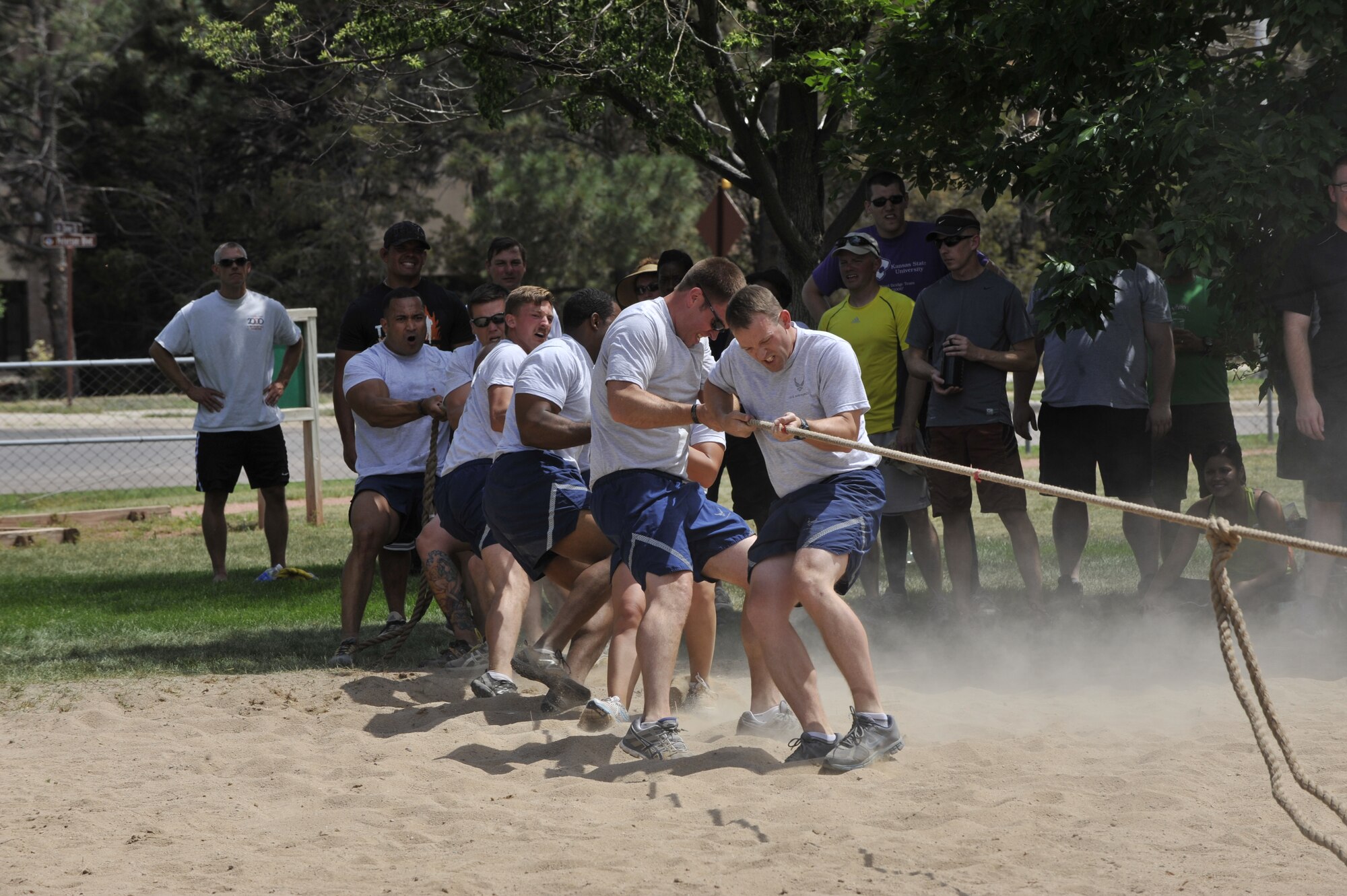 PETERSON AIR FORCE BASE, Colo. – The tug-of-war match was hotly contested June 27 during the 21st Space Wing's sports and field day. The annual event challenges Airmen and civilians to test their skills and stamina while building camaraderie, and of course allow bragging rights. (U.S. Air Force photo/Dennis Howk)