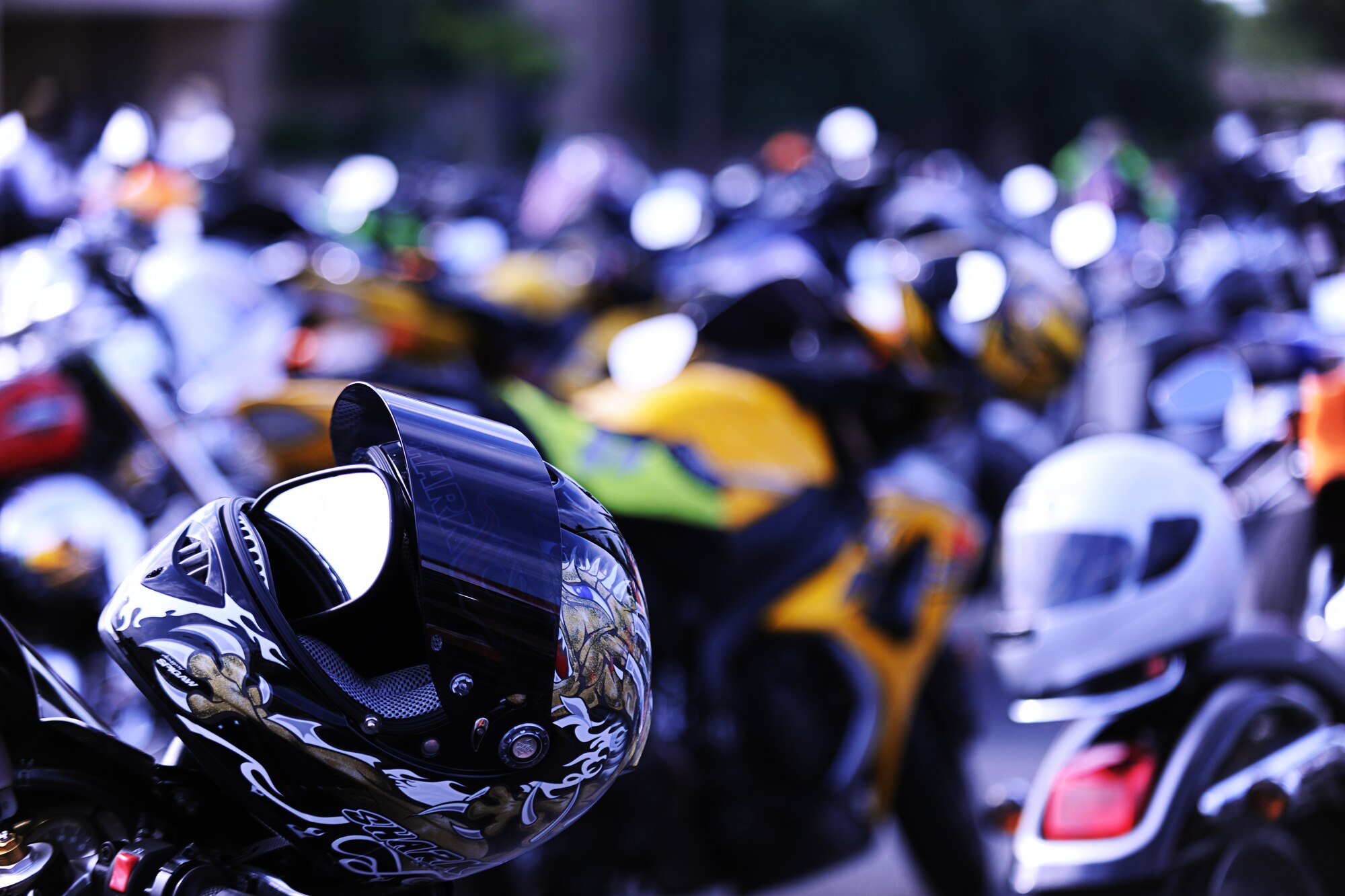 A helmet belonging to Master Sgt. Tyrrell Carter sits atop his motorcycle after participating in the 3rd Annual Joint Base Andrews Motorcycle Safety Day on June 28, 2013. (U.S. Air Force photo/Jim McKinney)