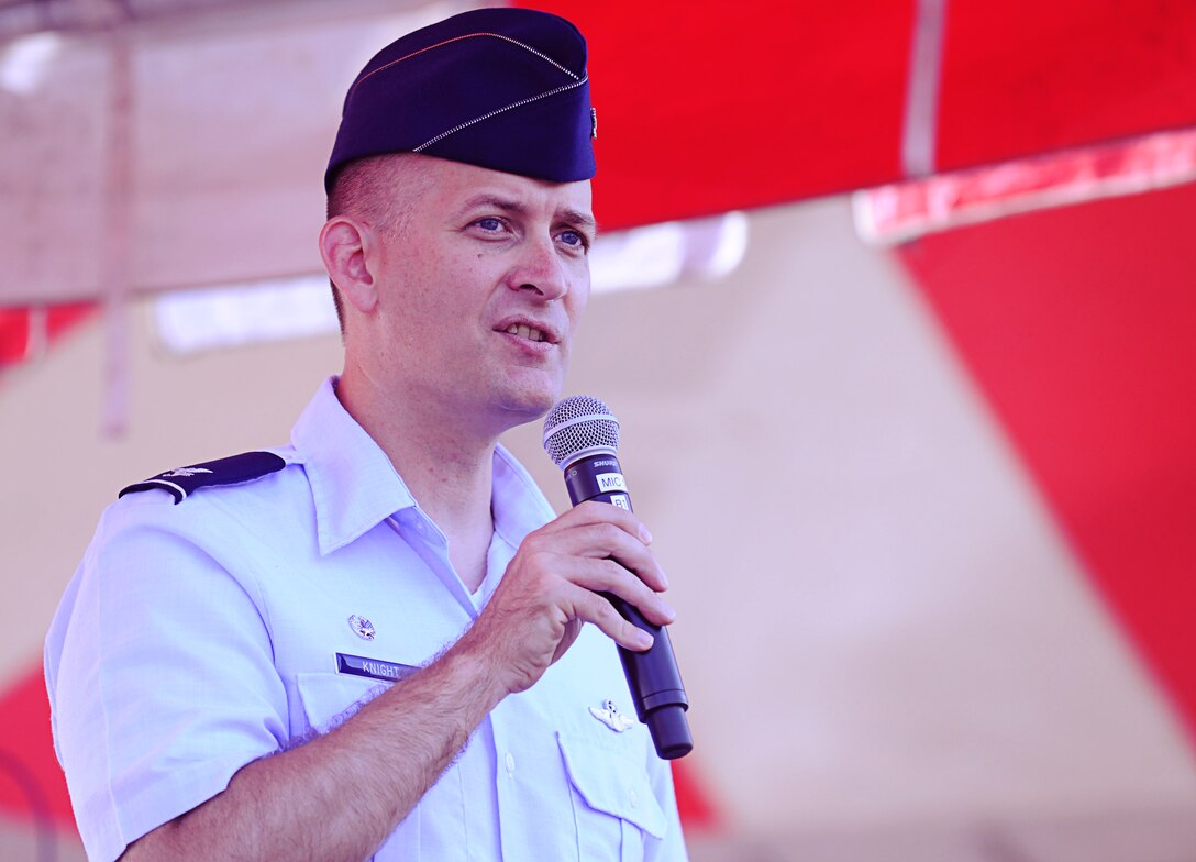 Col. Bill Knight, 11th Wing/Joint Base Andrews commander, speaks to attendees at the 3rd Annual Joint Base Andrews Motorcycle Safety Day on June 28, 2013. The event reminds riders to keep their motorcycles properly maintained, wear proper protective equipment and to practice safe riding practices. (U.S. Air Force photo/Jim McKinney)