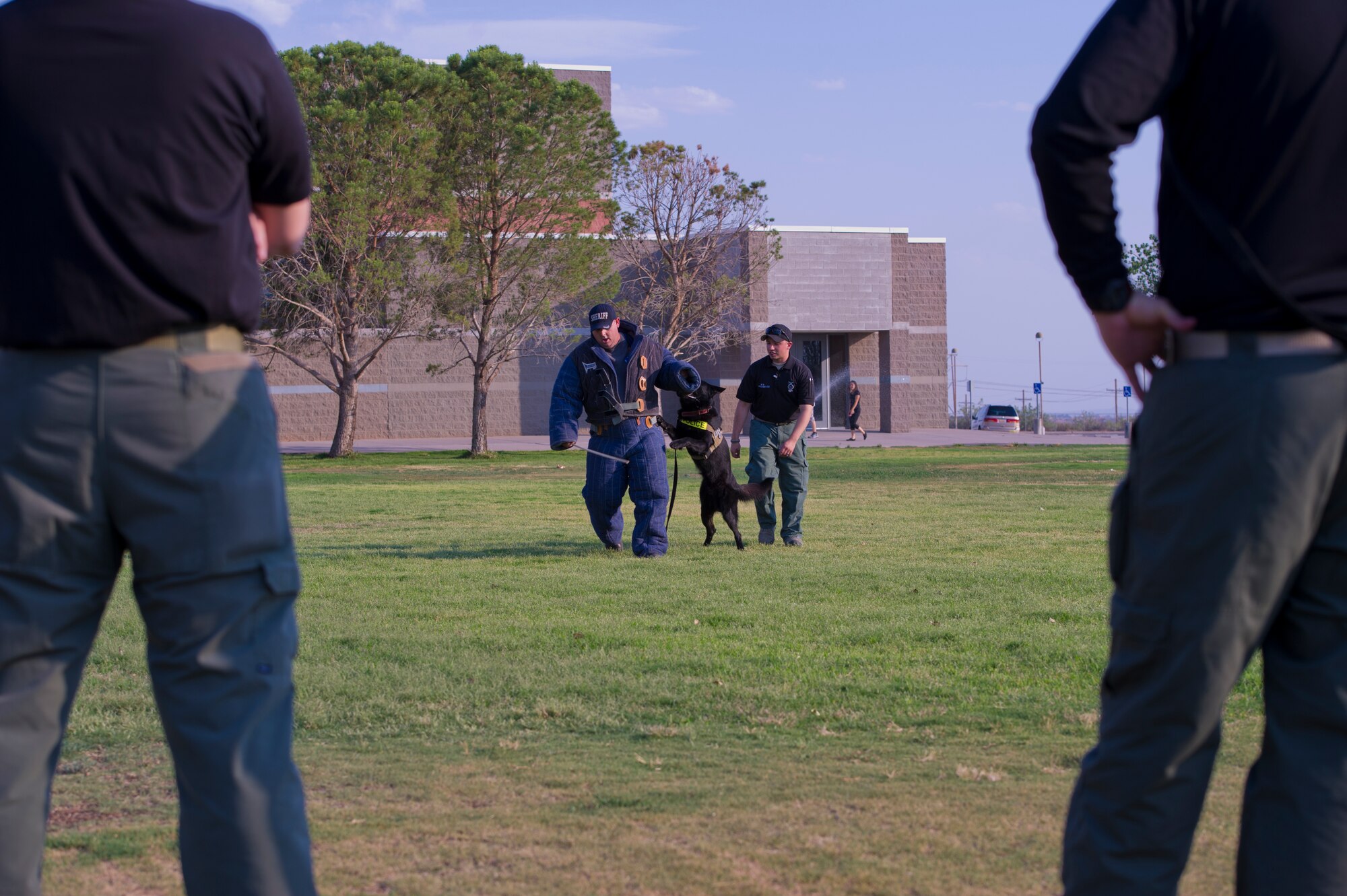 Jacob Allers, Doña Ana County Sheriff’s Department K9 handler, demonstrates the proper way to play the role of a decoy for Staff Sgt. Josef Lopuchowycz, 49th Security Forces Squadron K9 handler, during aggression training at Oñate High School in Las Cruces, N.M., June 19. The decoy is an important part of aggression training, because if done incorrectly the dog can develop bad habits. The Doña Ana County Sheriff’s Department teams up with the K9 handlers from Holloman Air Force Base once per month to perform additional training for both the MWDs and their handlers. (U.S. Air Force photo by Airman 1st Class Aaron Montoya/Released)