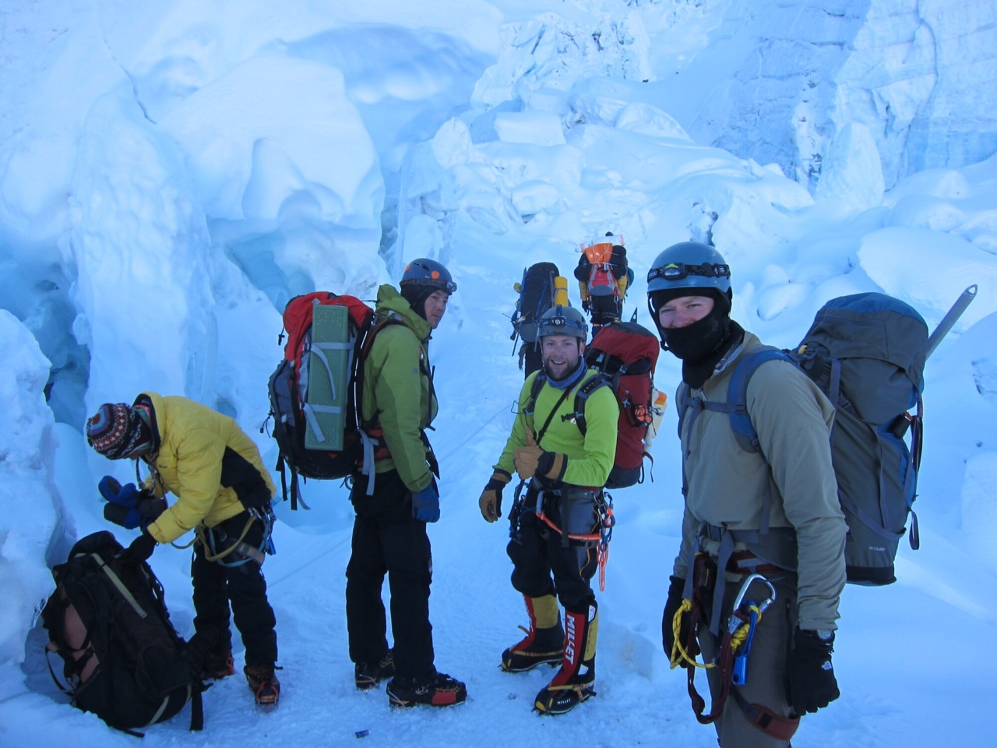 USAF 7 Summit team members approach the Khumbu Ice Falls on Mount Everest during the USAF 7 Summits Challenge in May 2013. (Courtesy Photo)