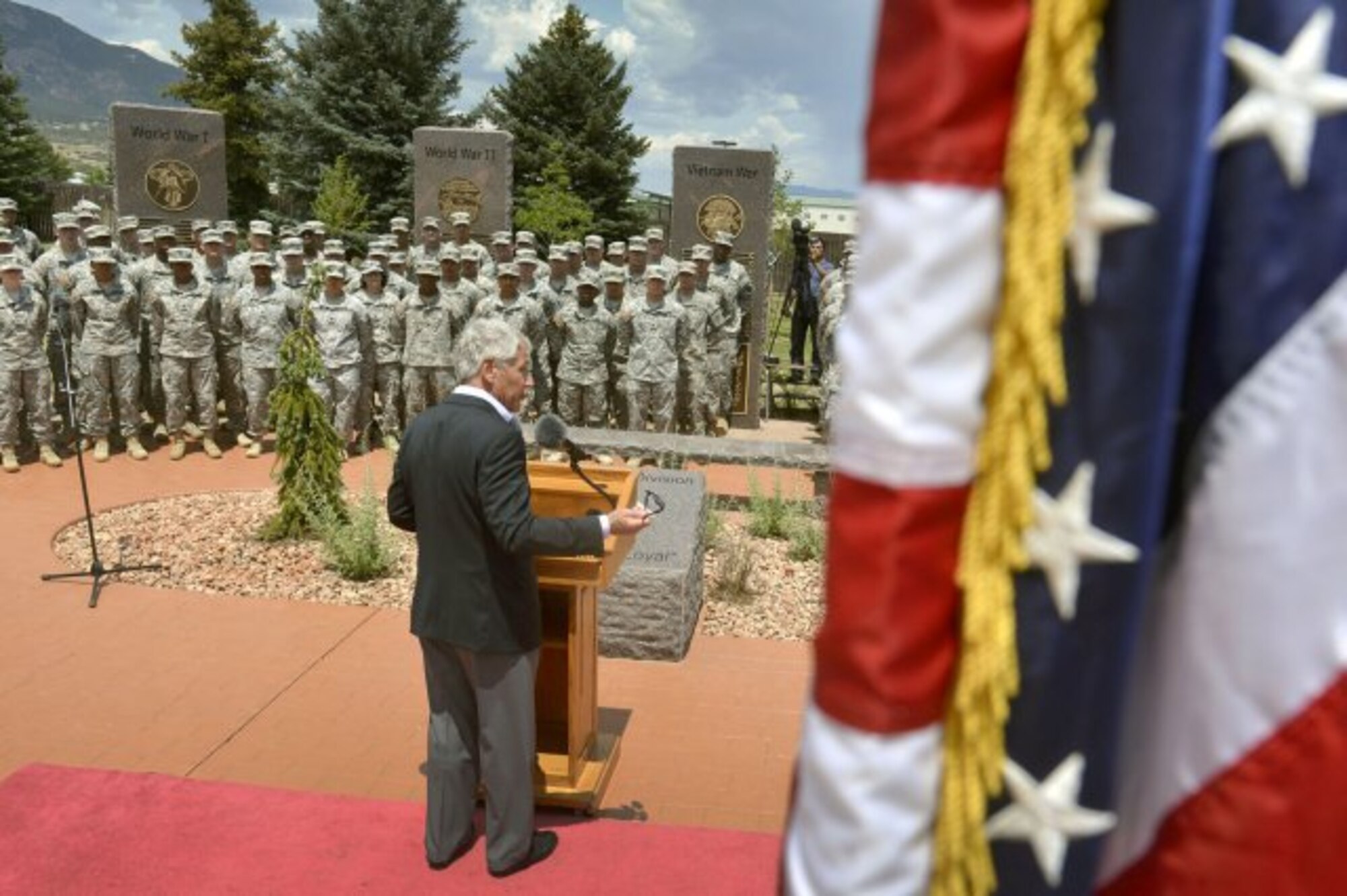 Defense Secretary Chuck Hagel addresses troops on Fort Carson, Colo., June 28, 2013. (U.S. Army photo by Glenn Fawcett/Released)