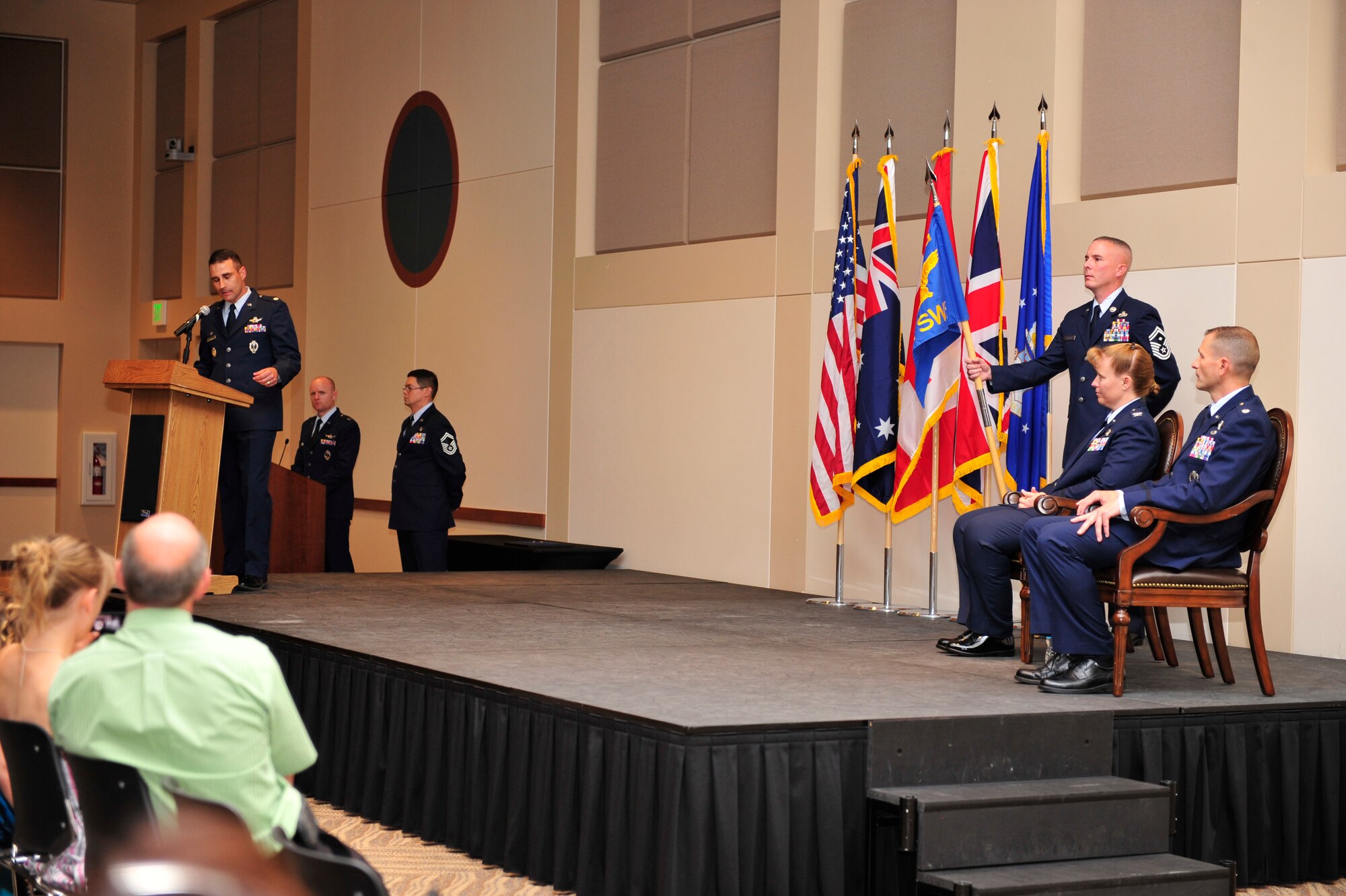 Lt. Col. John Henley, former 2nd Space Warning Squadron commander, says his final farewell to Team Buckley June 19, 2013, at the Leadership Development Center on Buckley Air Force Base, Colo. During his speech, Henley shared memories from his two years commanding the 2nd SWS and receiving the excellence performance award in the 2012 operational readiness inspection. (U.S. Air Force photo by Airman 1st Class Darryl Bolden Jr./Released)