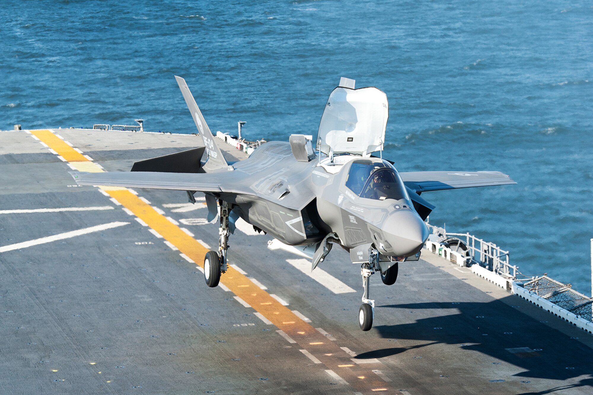 An F-35 completes a vertical landing. (Photo by Michael Jackson, Lockheed Martin)