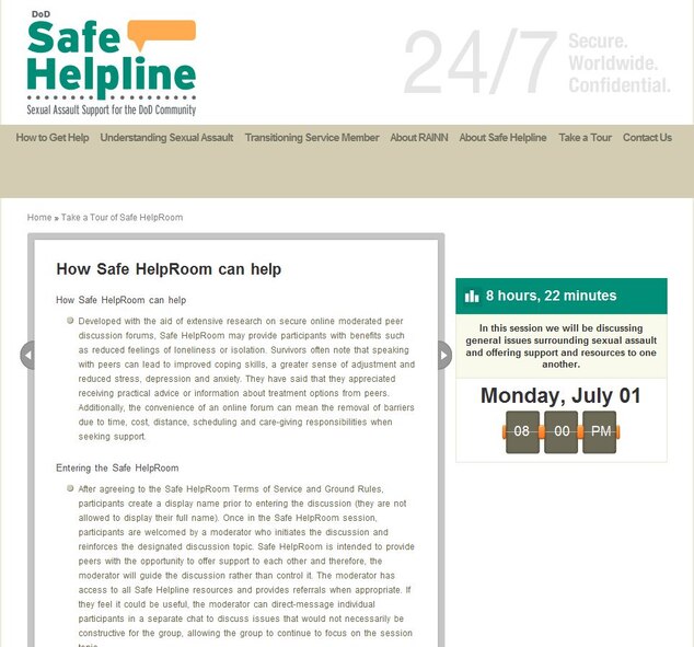 This cutout of the Safe Helpline Website outlines how the new anonymous chat service can help servicemembers who have been victimized by sexual assault (U.S. Air Force screenshot by Benjamin Newell/released)