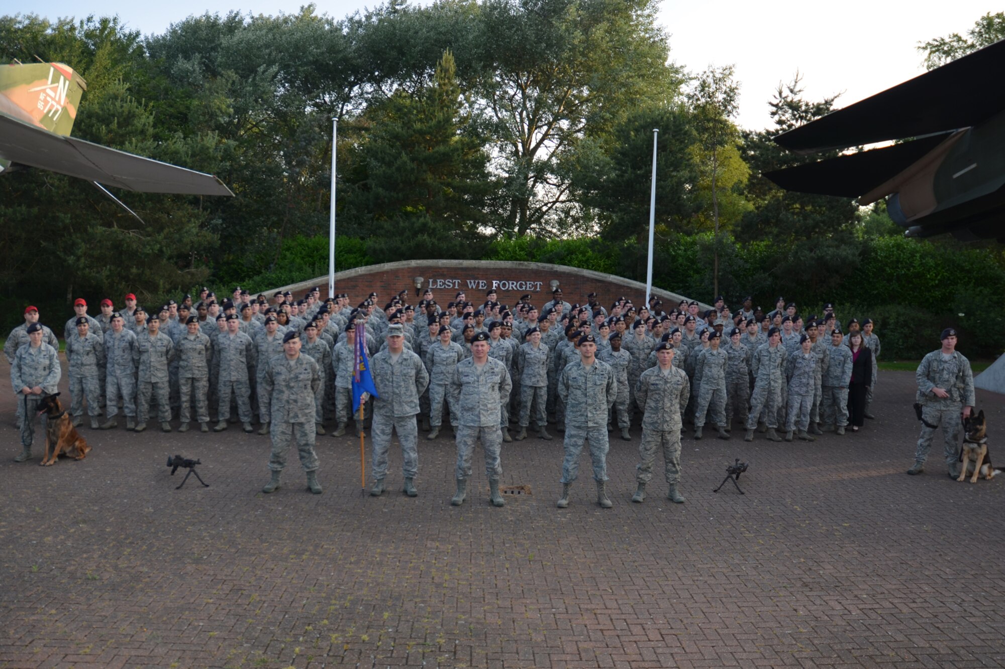 ROYAL AIR FORCE LAKENHEATH, England – Members from the 48th Security Forces Squadron pose for a squadron photo June 25, 2013. The 48th Security Forces Squadron was awarded the Air Force's Outstanding Security Forces Large Unit award June 25. The award is given out every year to the best performing security forces squadron across the Air Force and this is the second year in a row the 48th SFS has been recognized as the best. (Courtesy photo)