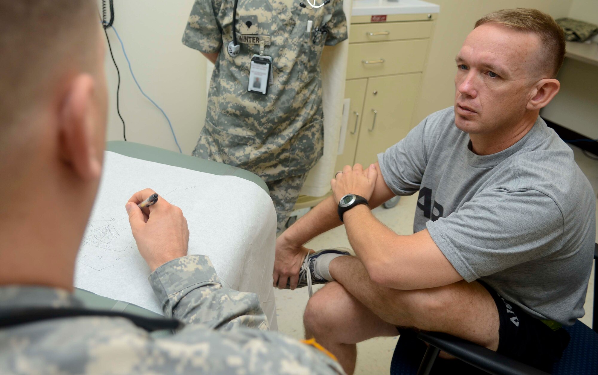 U.S. Army Sgt. 1st Class Danny Weatherly, U.S. Army Training and Doctrine Command training programs writer, listens to treatment options June 19, 2013, at Fort Eustis, Va. Patients like Weatherly see the same team of health care providers during each visit to ensure continuity of care. (U.S. Air Force photo by Airman 1st Class Austin Harvill/Released)
