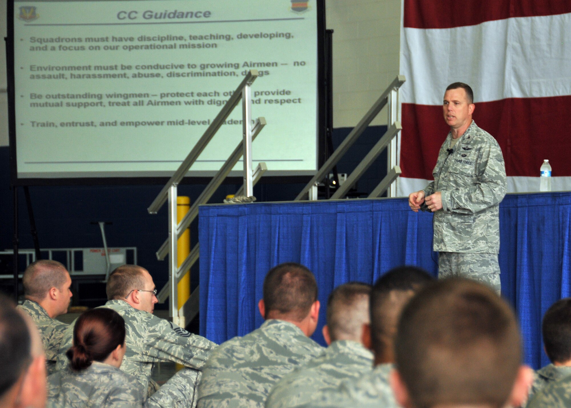 U.S. Air Force Col. Gregory M. Guillot, 55th Wing commander, addresses wing
members during a commander’s call in Dock 1 of the Bennie Davis Maintenance
Facility June 24.  The commander’s call was part of a sexual assault
prevention and response wing stand-down day, which was held in line with a
directive issued by U.S. Secretary of Defense Chuck Hagel as part of a
defense department’s new sexual assault prevention strategy. (U.S. Air Force
photo by U.S. Air Force Tech. Sgt. Markus M. Maier/Released)
