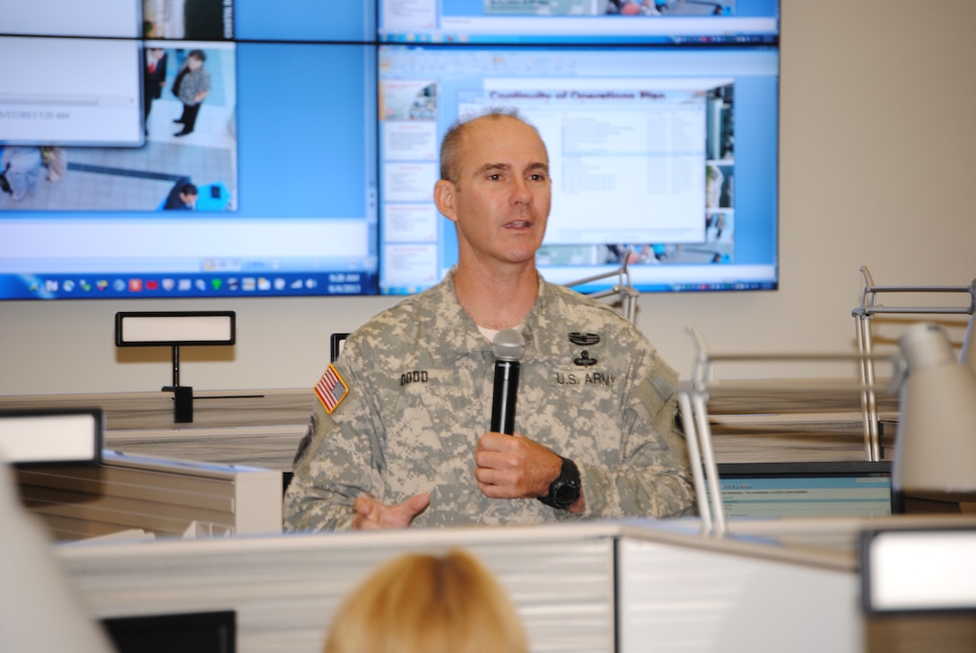 Col. Alan Dodd, district commander, addresses participants during the COOP exercise June 4. Dodd reminded staff, “We have a responsibility to still be able to fulfill our missions whether we are in the headquarters building or if we need to work someplace else.”