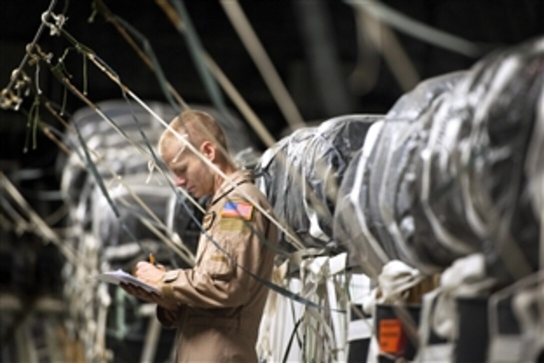 U.S. Air Force Staff Sgt. Tim Jaskot inspects weight and balance for an airdrop on Kandahar Airfield, Afghanistan, June 27, 2013. Jaskot, a loadmaster, is assigned to the 816th Expeditionary Airlift Squadron loadmaster.