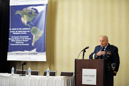 LGen Charles Bouchard, Deputy Commander of North American Aerospace Defense Command, addresses participants at the Kingston Conference on International Security held in Kingston, Ontario, Canada, June 10-12, 2009. The At Home In The Americas conference in Kingston, sponsored by Queen's University, the Canadian Forces' Land Forces Doctrine and Training Systems and the United States Army War College, brought together military and civilian experts from Canada, the United States, Mexico and South America for a wide-ranging conference on hemispheric issues, including air defense, terrorism and narcotics.