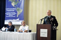 Lieutenant Gen. Thomas Turner, Commanding General of United States Army North, addresses participants at the Kingston Conference on International Security held in Kingston, Ontario, Canada, June 10-12, 2009. The At Home In The Americas conference in Kingston, sponsored by Queen's University, the Canadian Forces' Land Forces Doctrine and Training Systems and the United States Army War College, brought together military and civilian experts from Canada, the United States, Mexico and South America for a wide-ranging conference on hemispheric issues, including air defense, terrorism and narcotics.