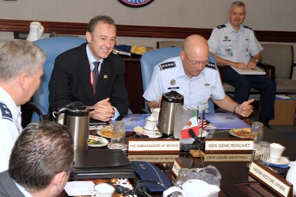 His Excellency Arturo Sarukhan, ambassador of Mexico to the United States, visits with Gen. Gene Renuart, NORAD and U.S. Northcom commander, and other command leaders during his visit here July 22 and 23. Sarukhan's two-day visit was an opportunity for dialogue regarding many common objectives between the two countries as well as to reiterate that Mexico and USNORTHCOM maintain collaborative relations, based on trust, confidence and respect for each country's sovereignty.