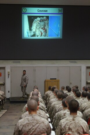 Recruits of Company D, 1st Recruit Training Battalion, received a class on one of the three core values, courage, aboard Marine Corps Recruit Depot San Diego, June 11.  This is the recruit’s first class on the Marine Corps Core Values.