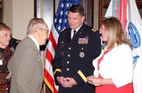 Lt. Gen. Guy Swan III, U.S. Army North commanding general, and his wife, Melanie, greet retired Gen. Ralph Haines Jr., former vice chief of staff of the U.S. Army, to Army North’s New Year’s reception Jan. 11 at the Fort Sam Houston Residence Center. More than 100 service members and Civilians from the Army North and Fort Sam Houston community attended the event to welcome in the New Year.