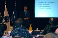 Kye Strance of VOCUS, a media monitoring firm, speaks to NORAD and USNORTHCOM public affairs professionals at the command's annual public affairs conference March 2 at Peterson Air Force Base, Colorado. NORAD and USNORTHCOM subordinate commands from the continental U.S., Alaska and Canada, and partner nations from Mexico and the Bahamas, attended the conference to study the way ahead for public affairs and the use of social media in today’s information environment.