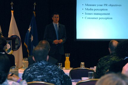 Kye Strance of VOCUS, a media monitoring firm, speaks to NORAD and USNORTHCOM public affairs professionals at the command's annual public affairs conference March 2 at Peterson Air Force Base, Colorado. NORAD and USNORTHCOM subordinate commands from the continental U.S., Alaska and Canada, and partner nations from Mexico and the Bahamas, attended the conference to study the way ahead for public affairs and the use of social media in today’s information environment.