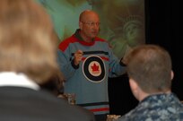 "Images are important," said U.S Air Force Gen. Gene Renuart, commander of NORAD and USNORTHCOM at a conference where he wore a traditional Canadian hockey jersey to honor his bi-national command and Canada’s victory over the U.S. for Olympic gold. Renuart spoke about the importance of words and images in communication strategy at the NORAD and USNORTHCOM public affairs conference at Peterson Air Force Base, Colo. March 2. NORAD is a bi-national command of Canada and the U.S. charged with aerospace warning and control and maritime warning of North America.
