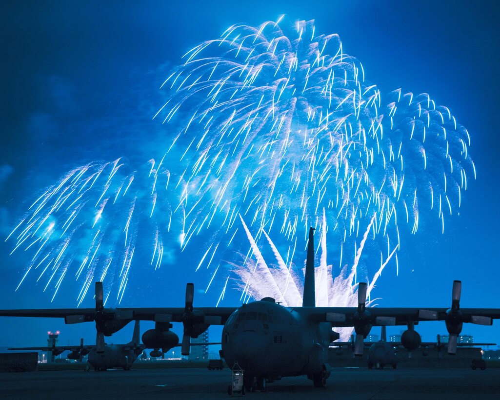 Fireworks burst over Yokota Air Base, Japan, July 4, 2012, during a celebration event. Although many festivals include spectacular fireworks displays, personal fireworks shows are strictly prohibited for all Status of Forces Agreement personnel in Japan, according to Marine Corps Bases Japan Order 11320.1, fire protection regulations and instructions. (Courtesy photo by Yasuo Osakabe/Released)