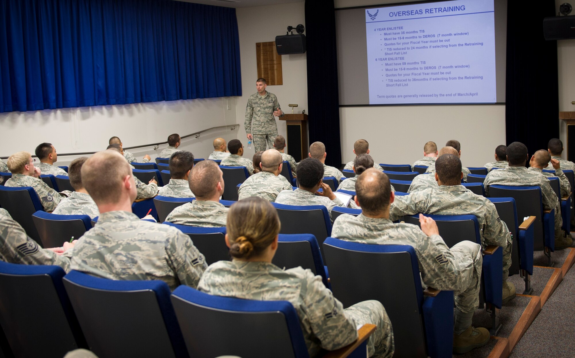 YOKOTA AIR BASE, Japan -- Yokota Airmen attend a retraining seminar held by Master Sgt. Daniel Chapman, 374th Airlift Wing career adviser at the Professional Development Center, May 30, 2013, Yokota Air Base, Japan. The seminar was held to inform Airmen about the overseas process and requirements for retraining in the new upcoming fiscal year. (U.S. Air Force photo by Senior Airman Andrea Salazar/Released)
