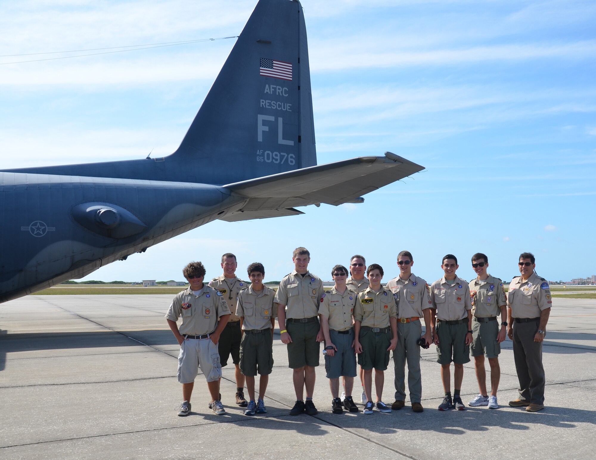 Boy Scouts from Troop 369, Merritt Island, Fla., visit the 920th Rescue Wing at Patrick Air Force Base, Fla. where they explored combat-search-and-rescue aircraft, to include this HC-130P/N King refueling tanker shown here. They also learned that the mission of CSAR ensures that no one is left behind on the battlefield. As the only DoD organization that is equipped and trained for combat rescue, the 920th RQW are the 911 of the military and go after injured combatants on the battlefield to save their life and bring them back to their loved ones. (U.S. Air Force photo/Maj. Cathleen Snow)
