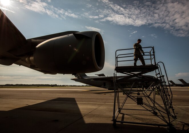 Senior Airman Clayton Valentine, 437th Maintenance Group jet propulsion specialist, prepares to perform a routine maintenance check on a C-17 Globemaster III engine June 26, 2013, at Joint Base Charleston – Air Base, S.C. Airmen from the 437th MXG perform routine maintenance to C-17s daily. (U.S. Air Force photo/ Senior Airman Dennis Sloan)
