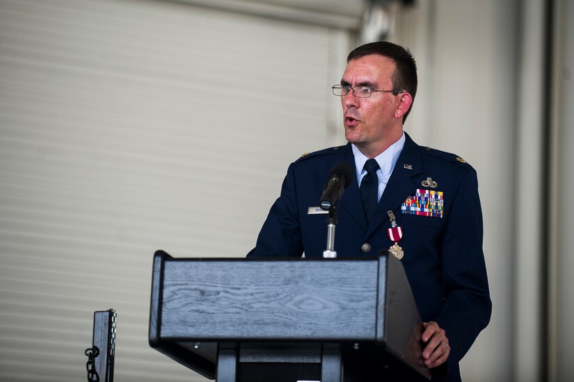 Maj. Matthew Manns, 437th Maintenance Operations Squadron commander, speaks during the 437th Maintenance Operations Squadron inactivation ceremony June 28, 2013, at Joint Base Charleston – Air Base, S.C. The 437th MOS was activated in October 2002. (U.S. Air Force photo/ Senior Airman George Goslin)