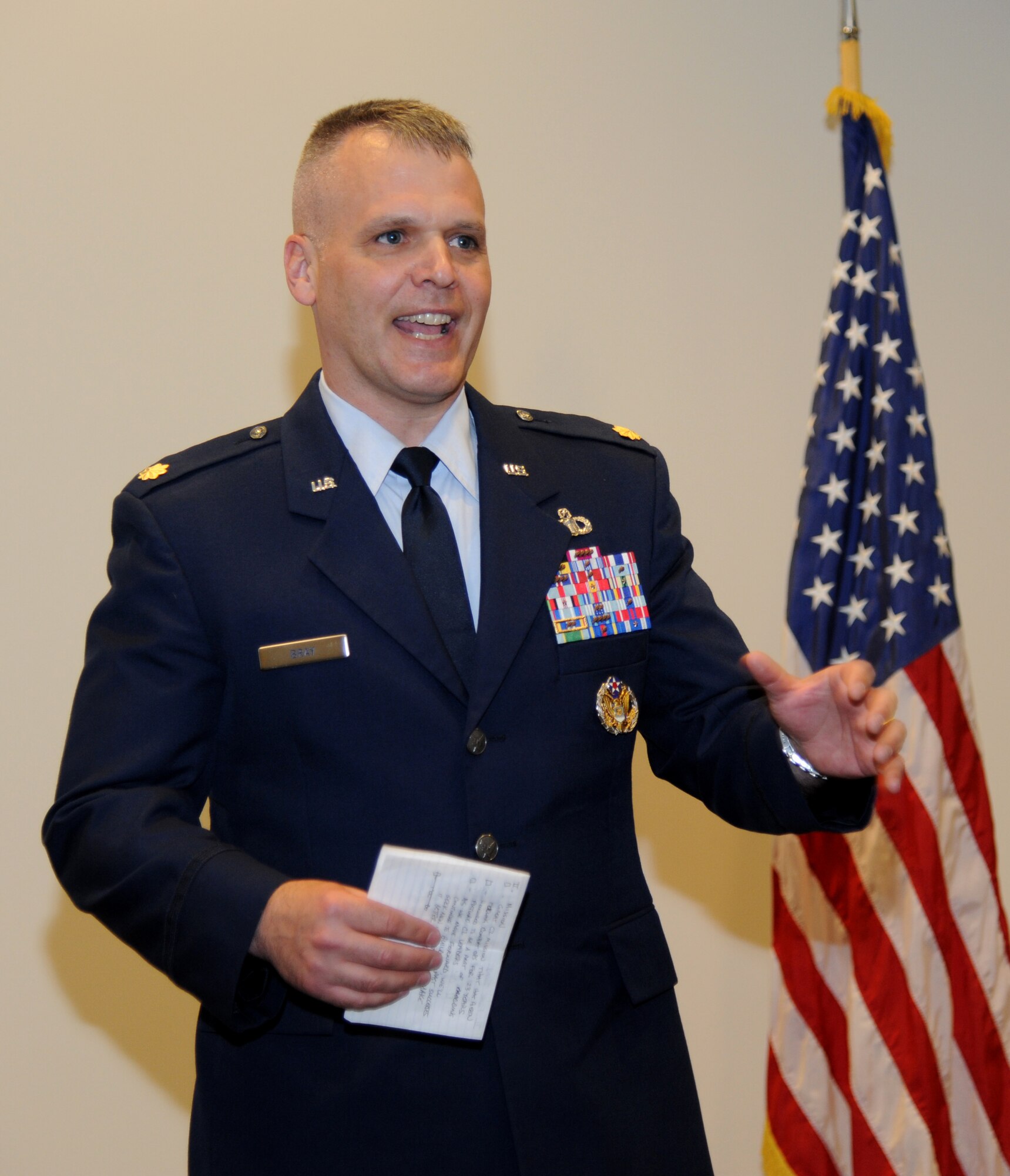 Maj. Kevin Bray, incoming 334th Training Squadron commander, delivers remarks after taking command during a change of command ceremony June 28, 2013, at the Roberts Consolidated Maintenance Facility, Keesler Air Force Base, Miss.  Col. Maureen Smith, 81st Training Group commander, was the presiding officer for the event and Lt. Col. Jeffrey McLemore was the outgoing 334th TRS commander.  (U.S. Air Force photo by Kemberly Groue)