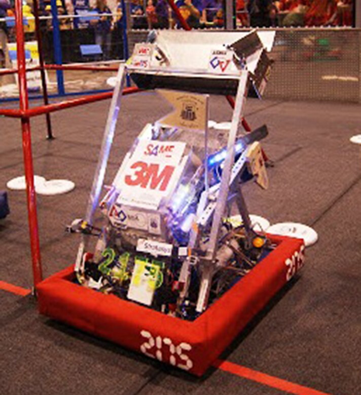 The Fighting Calculators robot, nicknamed "Trap" because of its trapezoidal frame. The Fighting Calculators is a science, technology, engineering and mathematics team that participated in For Inspiration and Recognition of Science and Technology robotic competition.