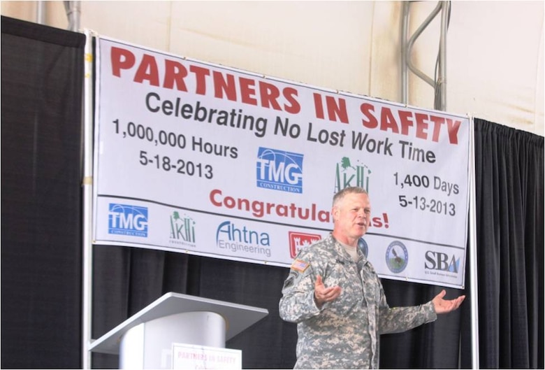Baltimore District Engineer Col. Trey Jordan addresses contractors and safety professionals at the partners in safety celebration, following contractor achievement of 1,000,000 hours without a lost work time accident or injury.