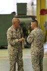 First Lt. Patrick “Clebe” McClary (left) speaks with Sgt. Maj. Scott M. Schmitt, the battalion sergeant major of 2nd Maintenance Battalion, 2nd Marine Logistics Group (right), after talking to the Marines and sailors aboard Camp Lejeune, N.C., July 2, 2013. McClary was awarded the Bronze Star, the Silver Star and three Purple Heart Medals for his actions during the Vietnam War. (U.S. Marine Corps photo by Lance Cpl. Shawn Valosin)