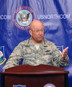 Air Force Gen. Gene Renuart, North American Aerospace Defense Command and U.S. Northern Command commander, holds his final scheduled press conference at NORAD and U.S. NORTHCOM headquarters May 13. During the press conference, Renuart discussed the two commands' successes and the challenges they face in the next decade. 

