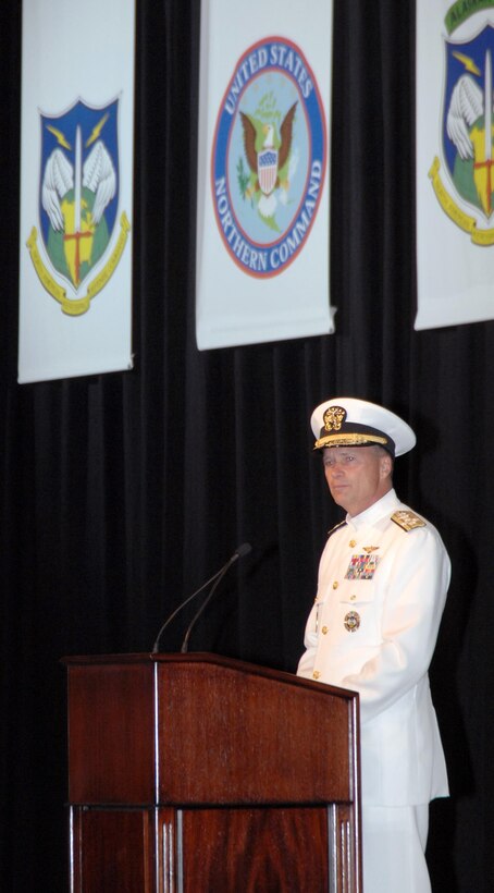 Navy Adm. James Winnefeld, North American Aerospace Defense Command and U.S. Northern Command commander, gives his remarks during the commands' change of command ceremony at Peterson Air Force Base, Colo., May 19. Winnefeld spoke of the exceptional partnership between the U.S. and Canada and the connection between the work of NORAD and U.S. NORTHCOM and that of U.S. and allied forces fighting overseas. 

