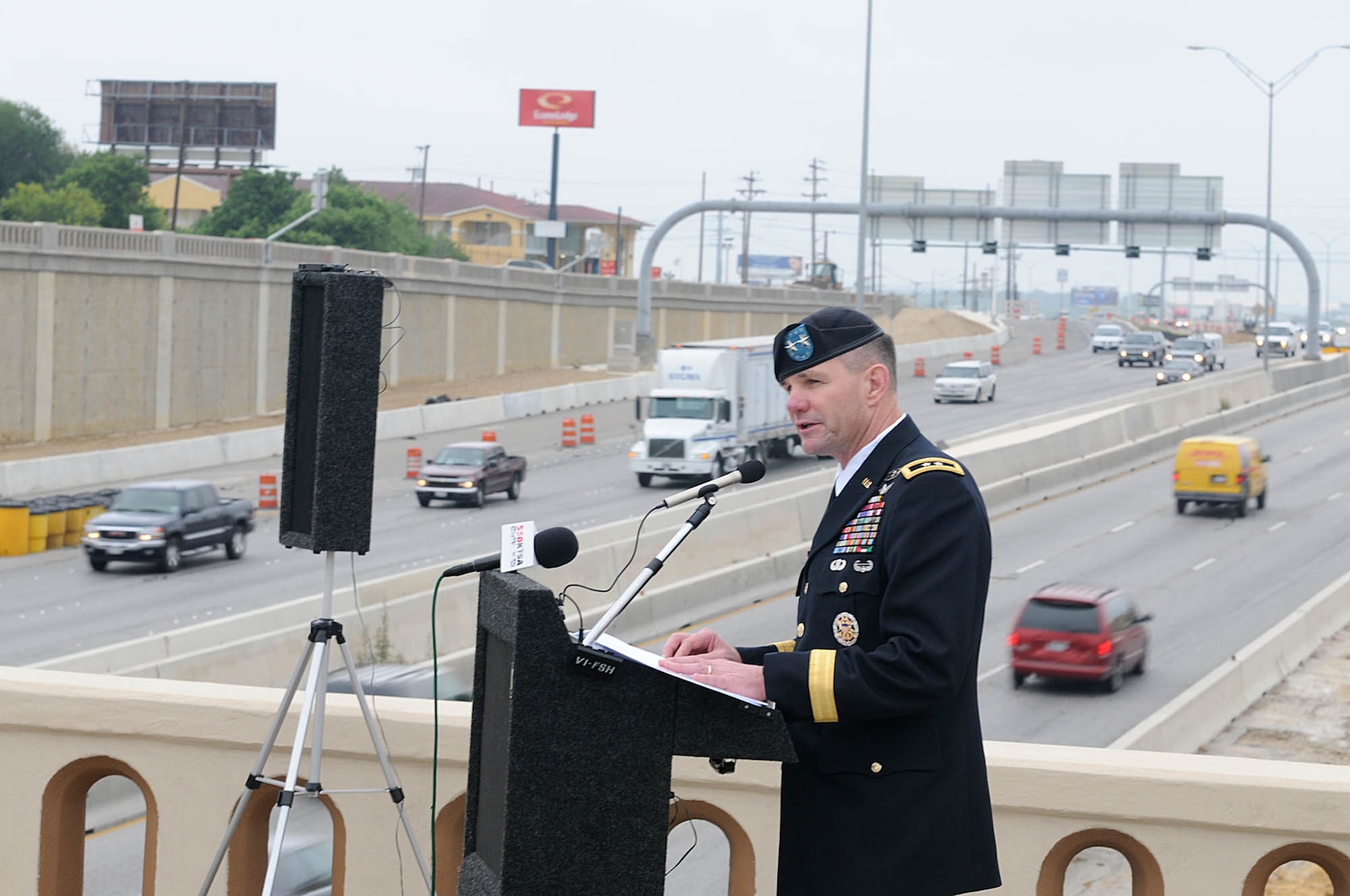 Army Maj. Gen. Perry Wiggins, deputy commanding general, Army North and Fort Sam Houston, thanks city and state government representatives for their support on the construction of the bridge over Interstate Highway 35 during the Texas Department of Transportation’s Walters Street Bridge Ribbon Cutting Ceremony May 25 to officially open the “New Gateway to Fort Sam Houston.” 

