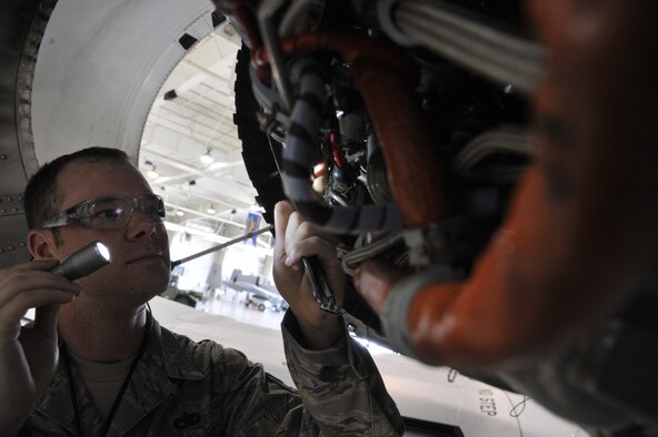 Tech. Sgt. Michael Schuler inspects clamps on electrical and hydraulic line hoses on an A-10 Thunderbolt II engine June 11, 2013, at Whiteman Air Force Base, Mo. This inspection ensures proper alignment and spacing between wires. Schuler is a 442nd Maintenance Squadron phase dock technician. (U.S. Air Force photo/Airman 1st Class Keenan Berry)