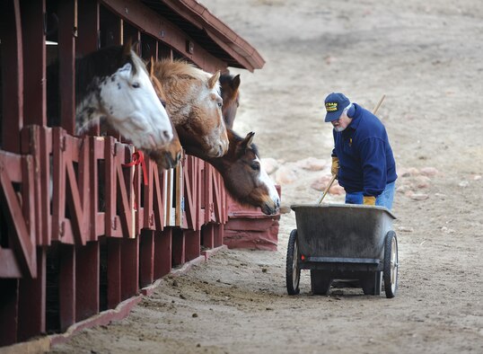 Charlie Dye cleans the exterior of a row of stables at the Equestrian Center in March. The Academy stabled about 27 horses evacuated from the Black Forest Fire June 11-15. (U.S. Air Force Photo/Carol Lawrence)
