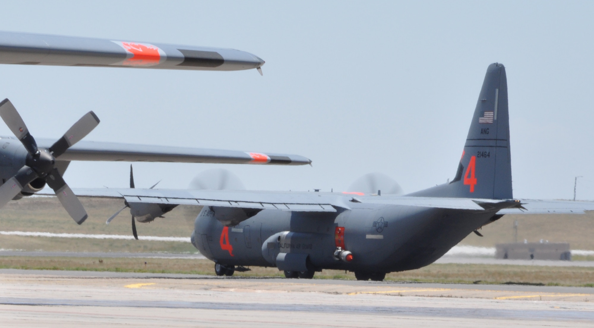 PETERSON AIR FORCE BASE, Colo. -- A C-130J from the California Air National Guard, Channel Islands Air National Guard Station, Port Hueneme, Calif. prepares to leave here July 3 for the Phoenix-Mesa Gateway Airport, Ariz. The aircraft, equipped with the U.S. Forest Service’s Modular Airborne Fire Fighting System moved locations at the USFS's request. Three more MAFFS-equipped Aircraft, another from the California ANG and two from the Air Force Reserve Command’s 302nd Airlift Wing, based at Peterson, are expected to follow. 

An interagency DoD and USFS program, MAFFS provides aerial firefighting resources when commercial and private air tankers are no longer able to meet the needs of the Forest Service.