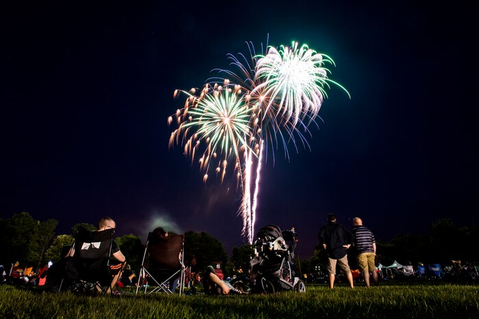 Military members and their families watch the fireworks in the sky, June 28, during the 2013 Freedom Fest at Marrington Plantation at Joint Base Charleston – Weapons Station, S.C. Nearly 1,500 Airmen, Sailors, civilians and their families attended the celebration which included food, drinks, festival rides, music and fireworks. (U.S. Air Force photo/ Senior Airman George Goslin)