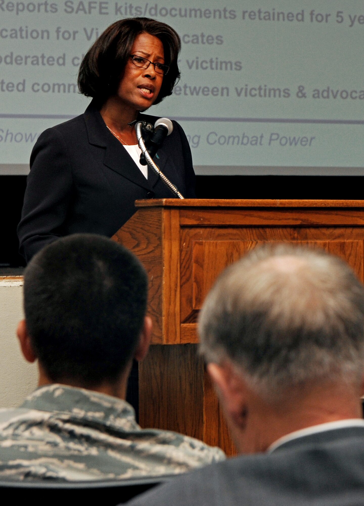 Pamela Dorsey, 375th Air Mobility Wing sexual assault response coordinator, talked to Team Scott about changing the culture and attitudes of the base during the Sexual Assault Prevention and Response Stand-Down Day June 25.  This day was mandated by the Secretary of Defense and DoD top officials, and focused on aspects that contribute to sexual assault. (U.S. Air Force photo/Senior Airman Divine Cox)