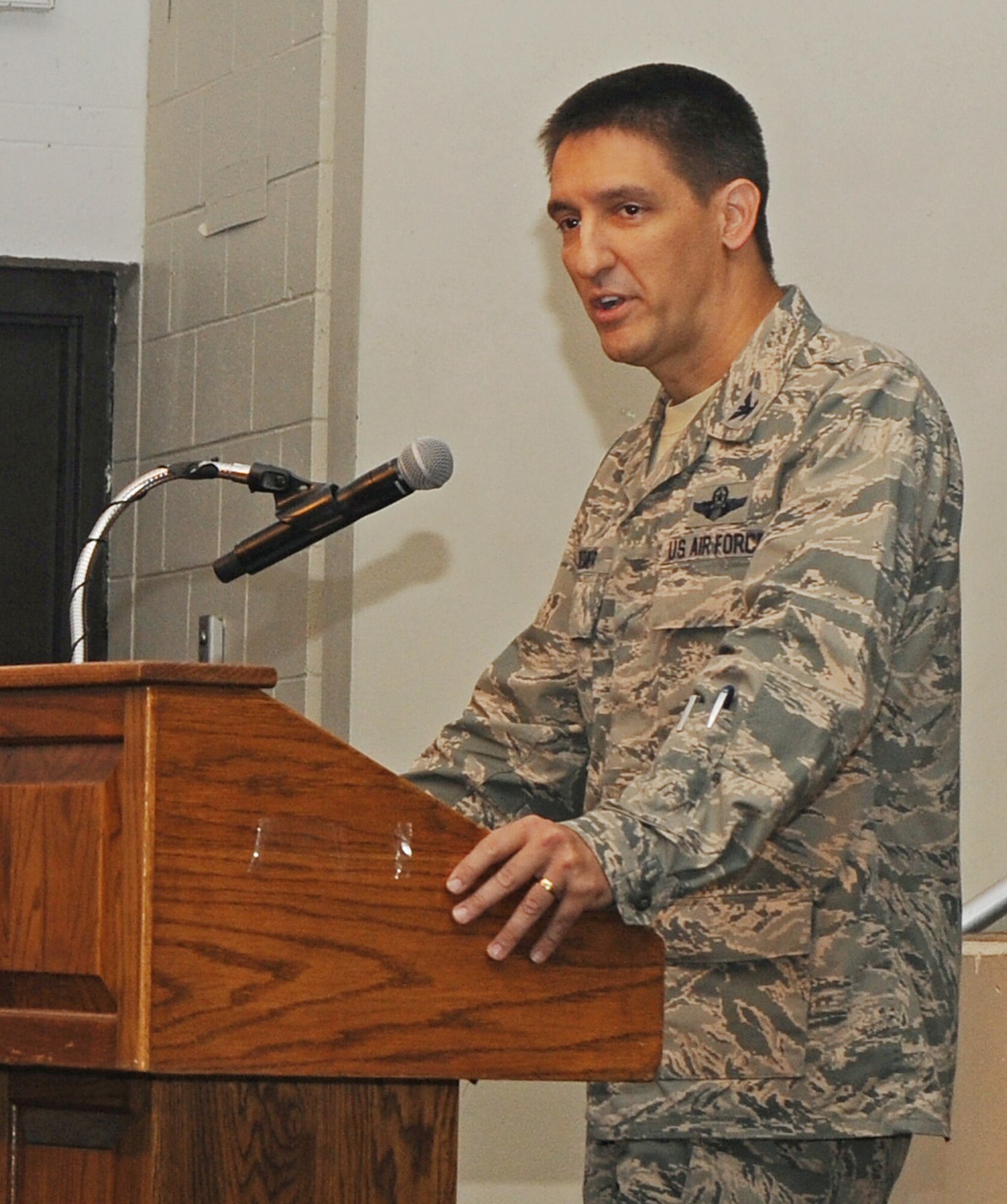 Col. Kyle Kremer, 375th Air Mobility Wing commander, addresses Scott Air Force Base servicemembers and civilians during the Sexual Assault Prevention and Response Stand-Down Day June 25.  This day was mandated by the Secretary of Defense and DoD top officials, and focused on aspects that contribute to sexual assault. (U.S. Air Force photo/Senior Airman Divine Cox)