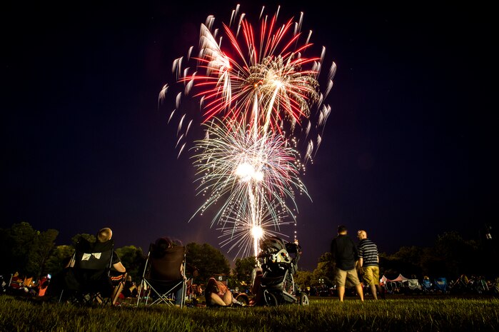 Military members and their families watch the fireworks in the sky, June 28, during the 2013 Freedom Fest at Marrington Plantation at Joint Base Charleston – Weapons Station, S.C. Nearly 1,500 Airmen, Sailors, civilians and their families attended the celebration which included food, drinks, festival rides, music and fireworks. (U.S. Air Force photo/ Senior Airman George Goslin)