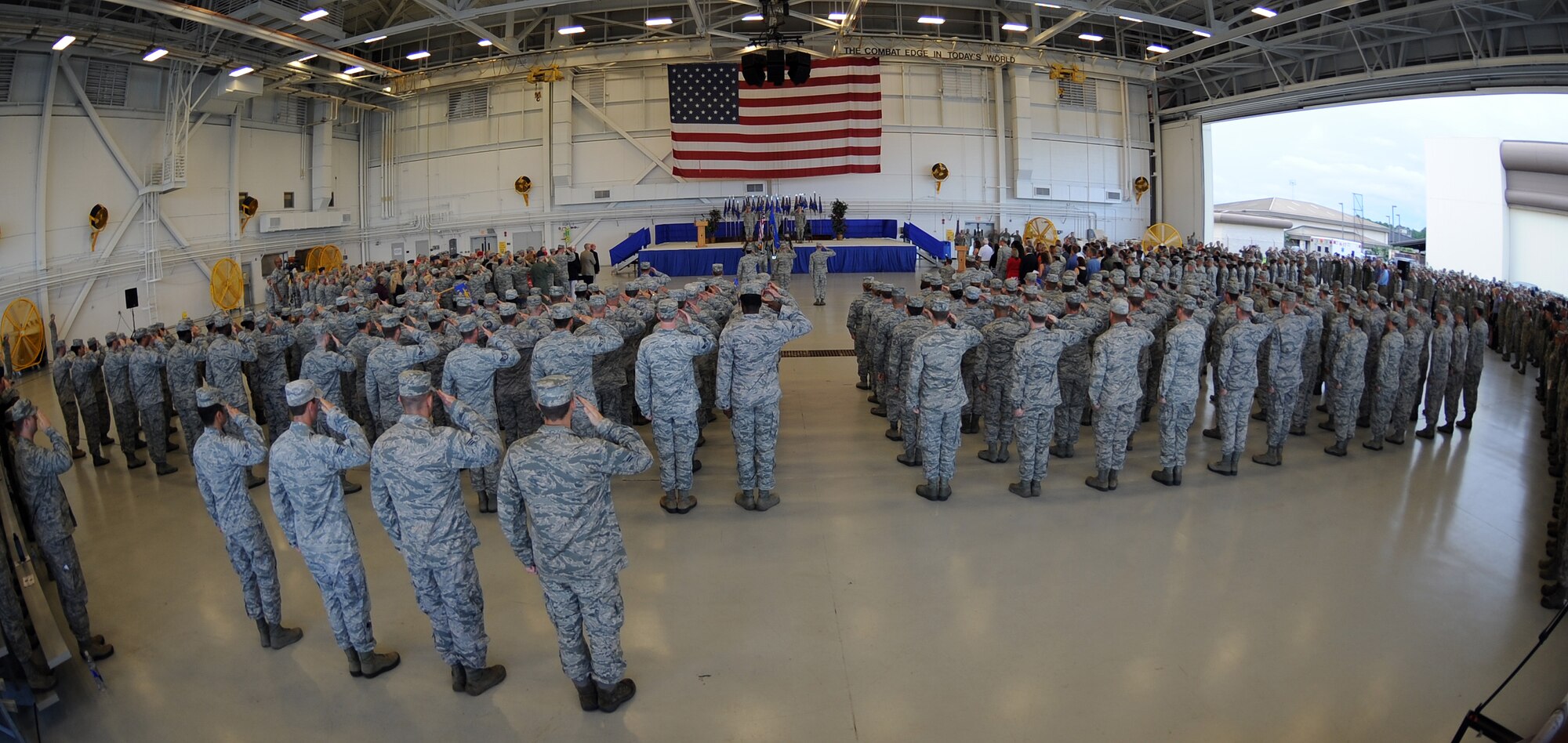 More than 500 Air Commandos attend a change of command ceremony for the 1st Special Operations Wing at the Freedom Hangar on Hurlburt Field, Fla., July 3, 2013. Col. William West received the guidon from outgoing commander Col. Jim Slife. (U.S. Air Force photo/Senior Airman Kentavist Brackin) 