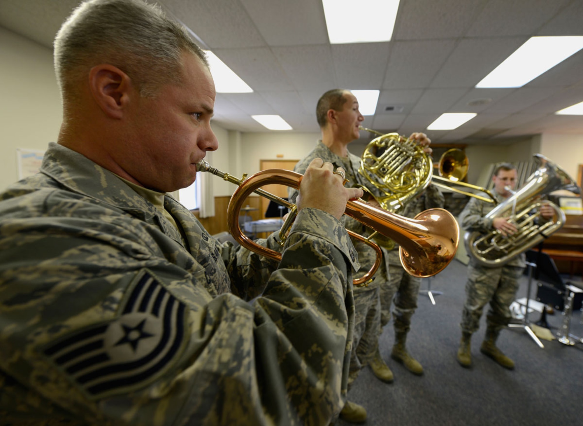 Air Force Band of the Pacific Alaska Brass Band members practice for the annual "Sounds of the Season" holiday concert held at the Atwood Concert Hall in December 2012. This concert was their last big sound off before their deactivation from Joint Base Elmendorf-Richardson. They were assigned to the U.S. Air Force Band of the Pacific, Alaska, as the only band on JBER. (U.S. Air Force photo/Airman 1st Class Tammie J. Ramsouer)