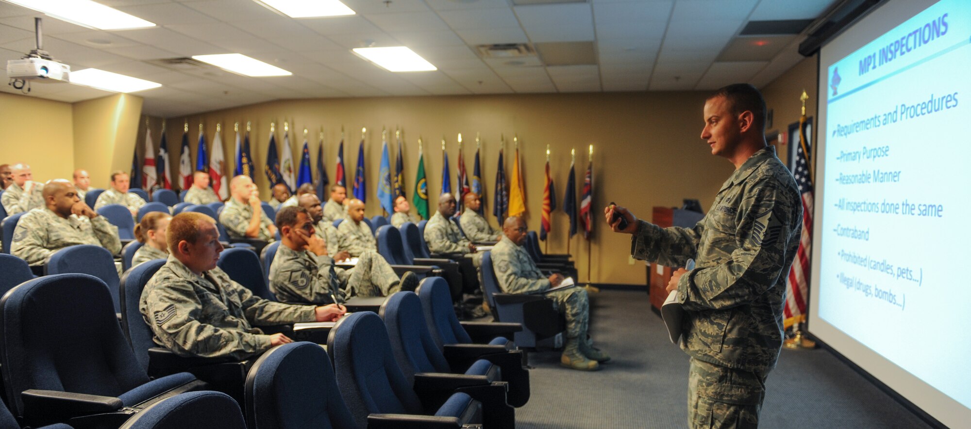 U.S. Air Force Master Sgt. Mark Diehl, 23d Comptroller Squadron and Wing Staff first sergeant, speaks to NCOs at Moody Air Force Base, Ga., June 27, 2013. There were 44 NCOs that attended the First Sergeants Symposium that took place June 25 to 27. (U.S. Air Force photo by Airman Alexis Grotz/Released)