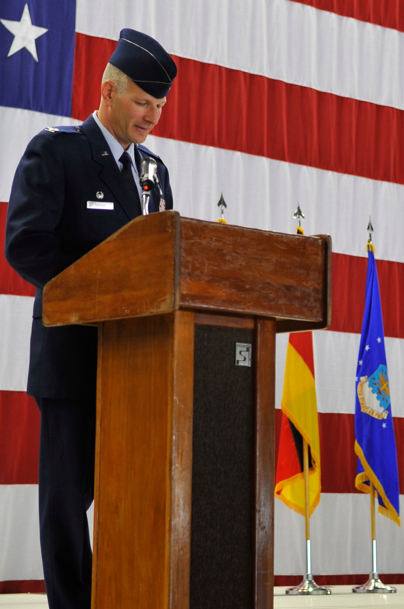 Col. Raymond Briggs gives a speech during the 86th Maintenance Operations Squadron’s inactivation ceremony, July 1, 2013, Ramstein Air Base, Germany. The 86th MOS was inactivated and reorganized into the 86th Maintenance Group. (U.S. Air Force photo/Airman 1st Class Trevor Rhynes) 