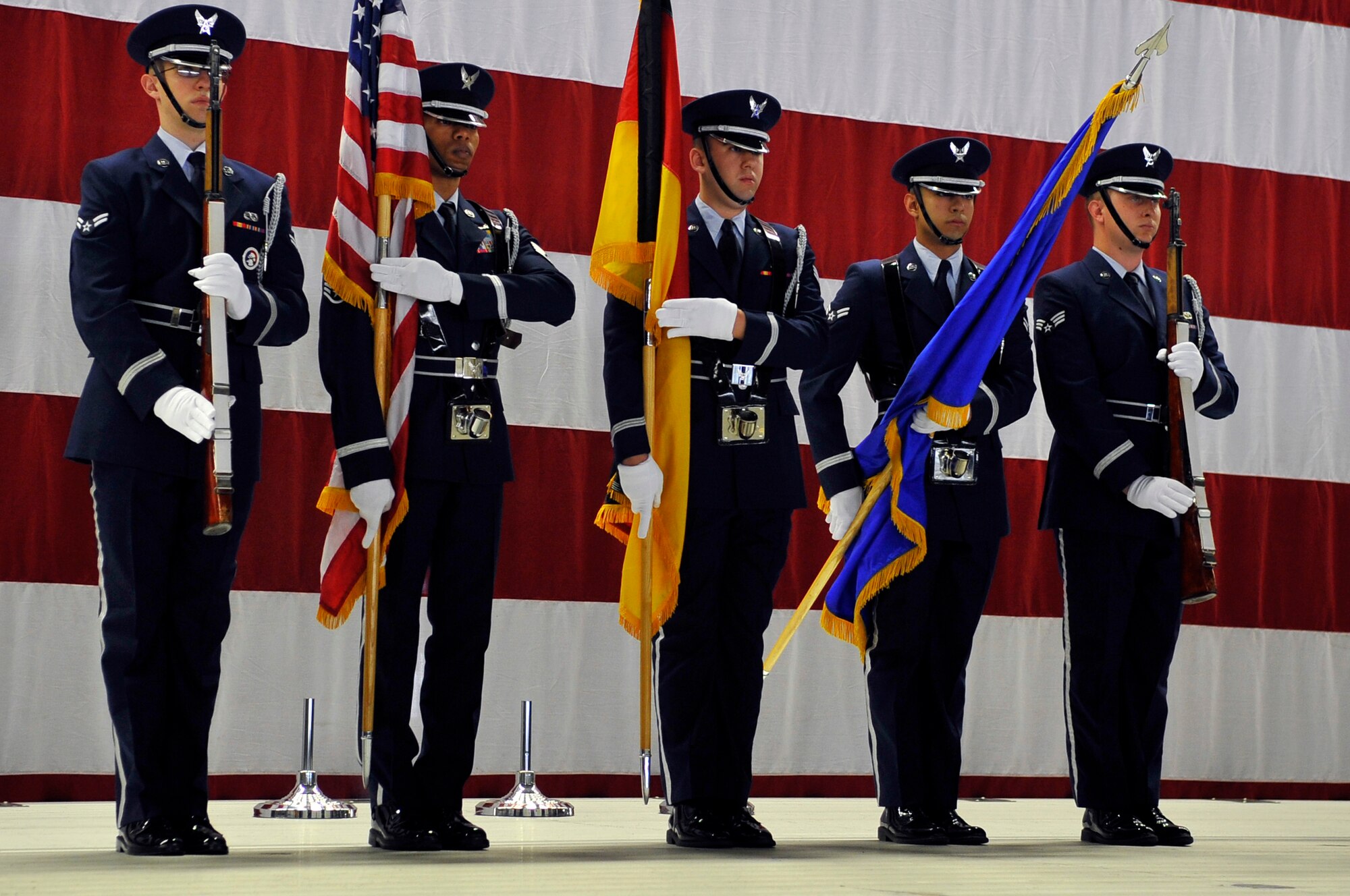 Members of the Ramstein Honor Guard present the colors during the 86th Maintenance Operations Squadron’s inactivation ceremony, July 1, 2013, Ramstein Air Base, Germany. The 86th MOS was inactivated and reorganized within the 86th Maintenance Group. (U.S. Air Force photo/Airman 1st Class Trevor Rhynes) 