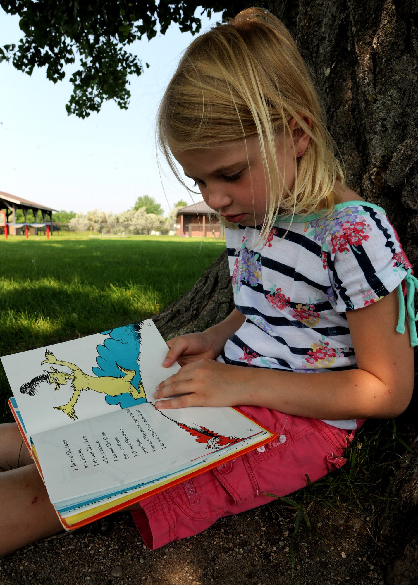 Isabell Taylor, 6, daughter of Master Sgt. Jessica Taylor of the 319th Air Base Wing and Tech. Sgt. Ray Taylor of the 319th Civil Engineer Squadron, reads “Green Eggs and Ham,” by Dr. Suess, outside of the Youth Center, July 1, 2013, on Grand Forks Air Force Base, N.D. Taylor placed eighth out of more than 2,100 youth in the Air Force’s “One Page at a Time Program,” reading 199 books from November 2012 to March of this year. (U.S. Air Force photo/Airman 1st Class Ashley Nicole Taylor)