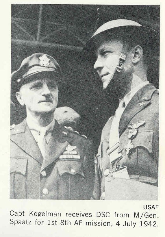 Capt. Charles Kegelman, 15th Bombardment Squadron commander, is awarded the Distinguished Service Cross for his flying performance during the Eighth Air Force July 4th bombing mission over Nazi-occupied Holland. (Courtesy photo)