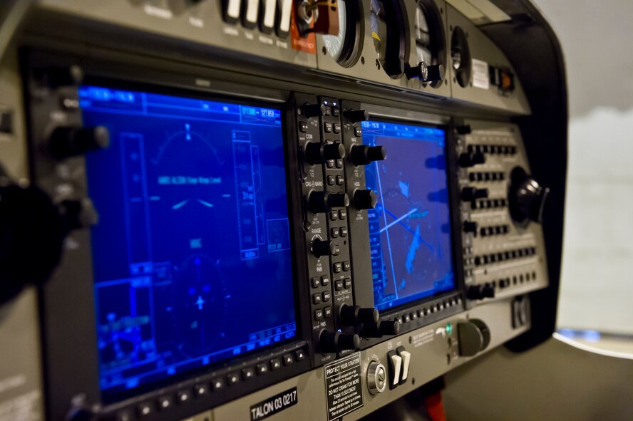 The DA40 Diamond Star instrument board is displayed at the Aero Club hangar at Holloman Air Force Base, N.M., June 24. The DA40 is the newest addition to the Holloman Aero Club. It is an Austrian four-seat, single engine, light aircraft ideal for training new pilots how to fly. The Aero Club is a federally approved flight school for both private and instrument ratings. The Aero Club has a vast array of members from retired military pilots to student pilots and those that have never flown before. (U.S. Air Force photo by Senior Airman Joshua Turner/Released)
