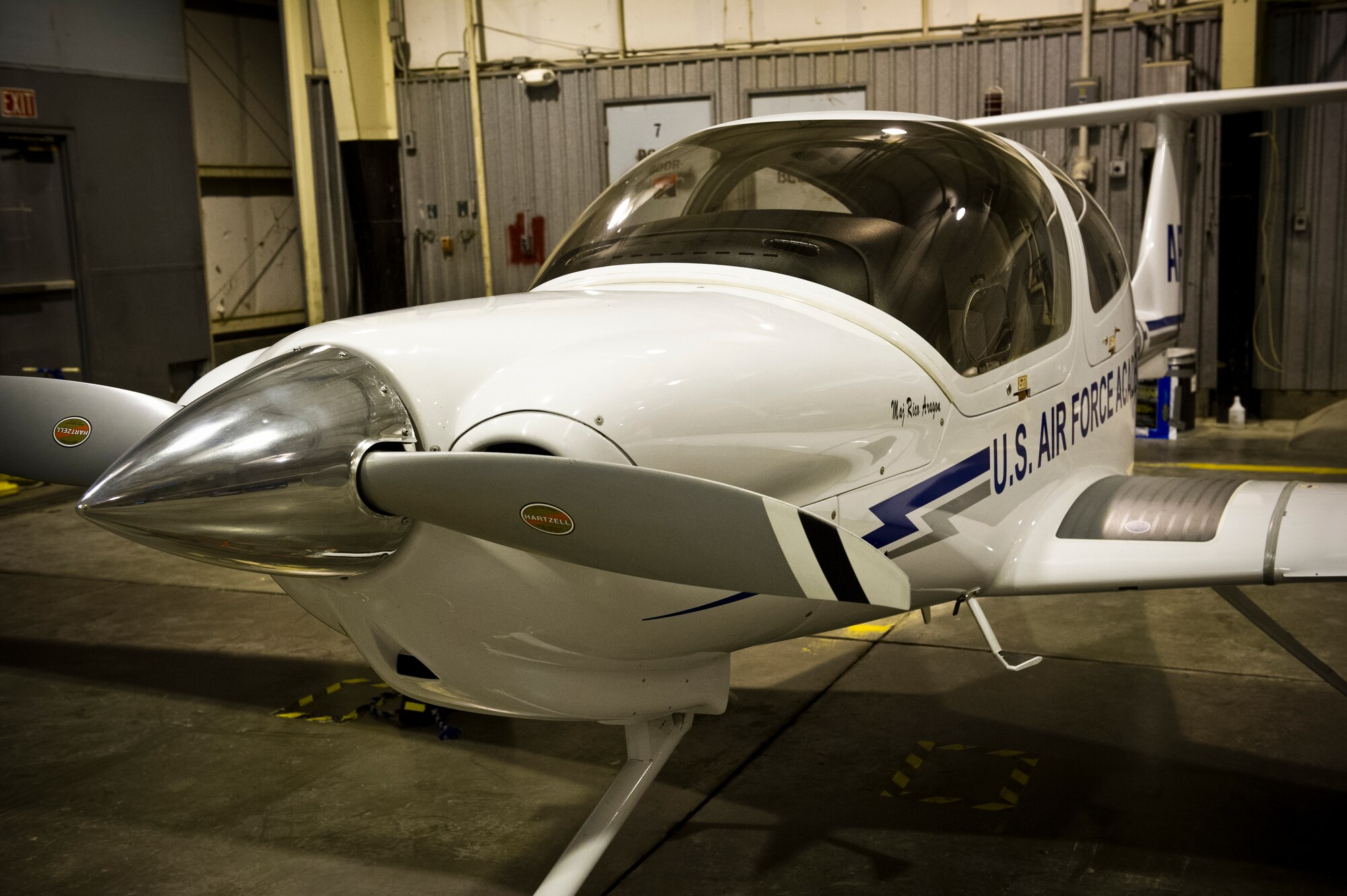 The DA40 Diamond Star is displayed at the Aero Club hangar at Holloman Air Force Base, N.M., June 24. The DA40 is the newest addition to the Holloman Aero Club. It is an Austrian four-seat, single engine, light aircraft ideal for training new pilots how to fly. The Aero Club is a federally approved flight school for both private and instrument ratings. Tuition assistance can pay for military members to receive formal ground school training. (U.S. Air Force photo by Senior Airman Joshua Turner/Released)